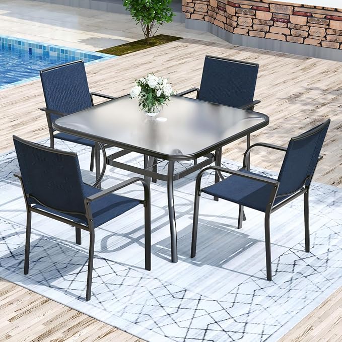 Anmutig 5-Piece Outdoor Patio Dining Set 37-Inch Square Glass Table with 4 Stackable Chairs for Lawn Backyard and Deck, Blue