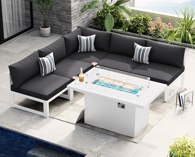 NICESOUL® 6 Piece XL-Large White Aluminum Outdoor Patio Furniture Set with Fireplaces Propane/Natural Gas, 29'' Deep Wide Seated Sectional Sofa, 500lbs Sturdy Sectional Couches for Backyard, Gray