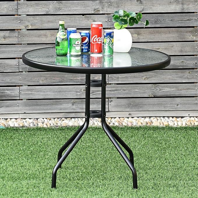 Tangkula 32” Outdoor Dining Table Round, Tempered Glass Top Steel Frame with 1.6 inch Umbrella Hole, All Weather Patio Side Table for Backyard Lawn Balcony Poolside or Garden