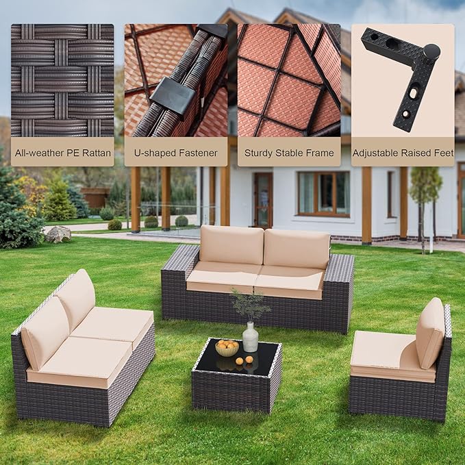 7 Pieces Outdoor Patio Furniture Set Wicker Sectional Sofa with Cushions & Tea Table Patio Rattan Conversation Chair Sofa Set Beige