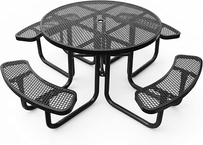 46In Round Metal Picnic Table, Commercial-Grade Heavy Duty Outdoor Furniture, Rust-Resistant Outside Table for Patio, Garden, Playground and Parks (Black)