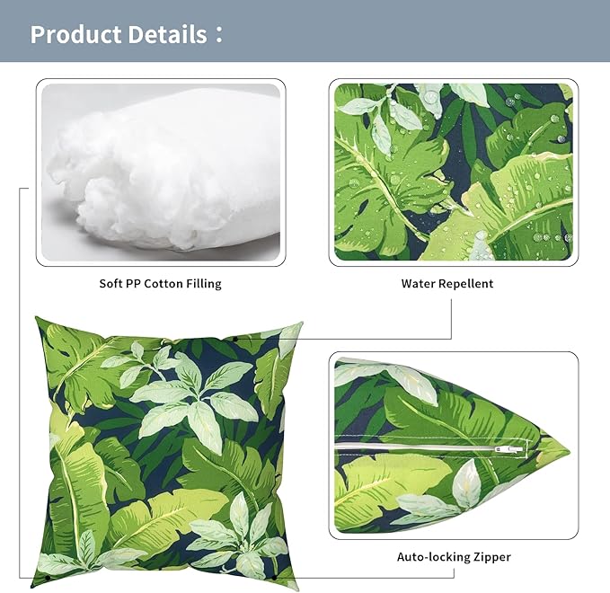 Outdoor Pillows with Insert 18x18 Inch, Waterproof Throw Pillow for Patio Furniture, Decorative Back Cushion for Garden Home Sofa Office Chair, Set of 2, Jungle Leaves