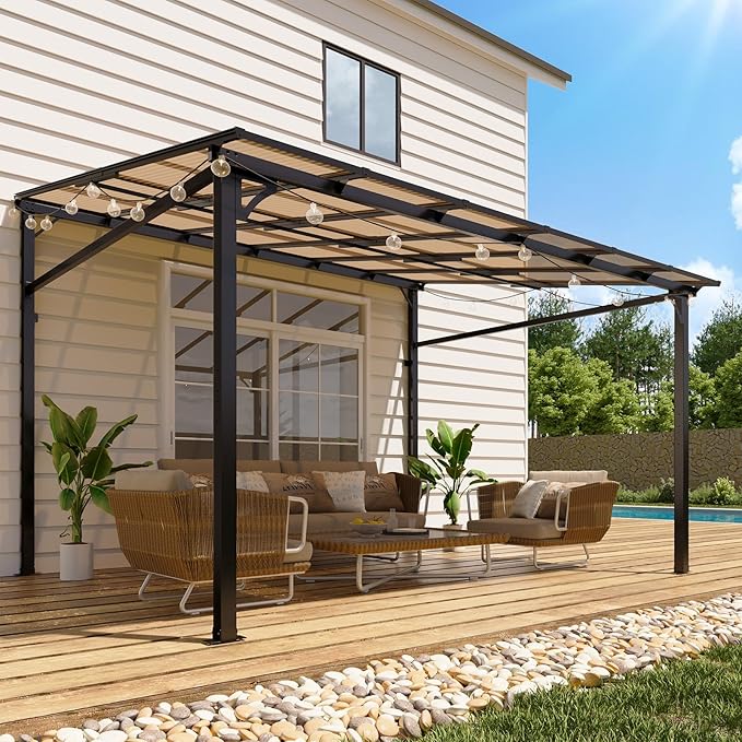 10x12 Ft Outdoor Lean to Gazebo, Wall Mounted Patio Hardtop Gazebo Pergola with Polycarbonate Roof, Upgraded Steel Frame Hardtop Pavilion for Patio, Garden, Lawn, Deck