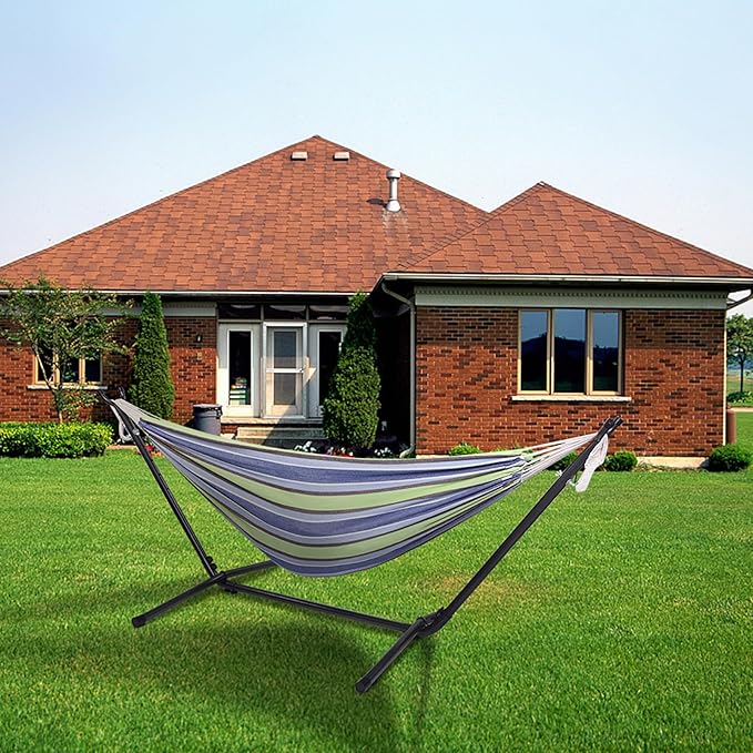 Hammock with Stand for Outside, Camping Hammock with Carry Bag, 250 Lbs Capacity, Polyester Fabric & Metal Frame, 102.3" x 41.33" x 39.37", Suitable for Patios, Gardens and Beaches, Green Stripes