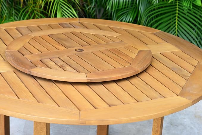 Amazonia Powell 7-Piece Wood Patio Dining Set | Round Eucalyptus Table with Lazy Susan | Ideal for Outdoors