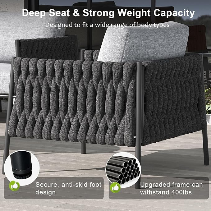LayinSun 4 Piece Outdoor Furniture Set with Fire Pit Table, Modern Rope Woven Patio Conversation Sofa Set with Olefin Braid and Deep Seating