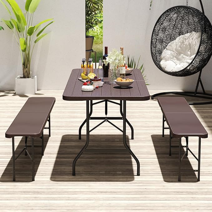 Goplus 6ft Plastic Folding Table, 350 LBS Indoor Outdoor Heavy Duty Portable Folding Tables with HDPE Tabletop, Handle, Lock, Foldable Rectangle Utility Card Table for Picnic, Party, Camping, Dining