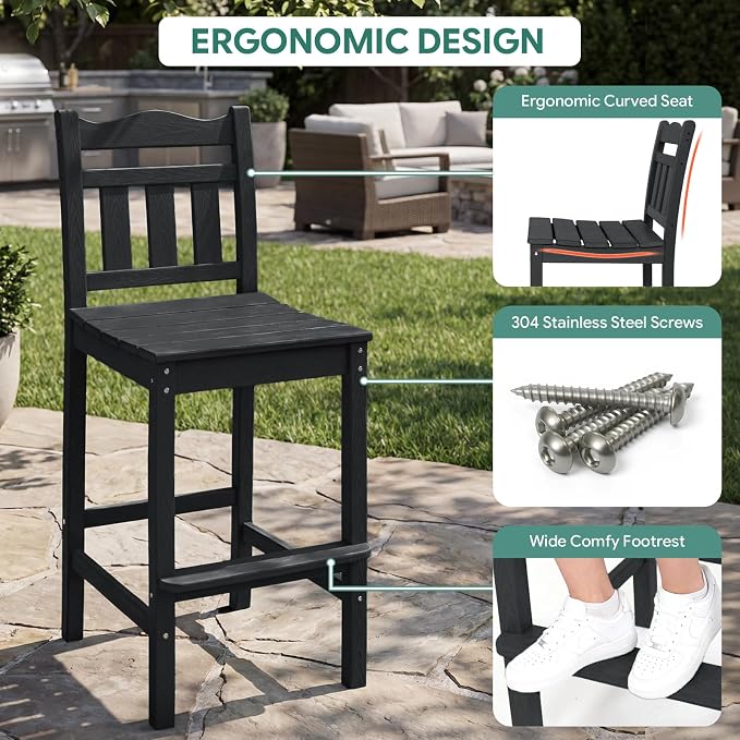 Outdoor Bar Stools Set of 2, HDPE Tall Adirondack Bar Chairs 27.5 Inch Seat Height w/Backrest, All Weather Patio Bar Height Chairs for Bistro Balcony Deck Poolside (Black)