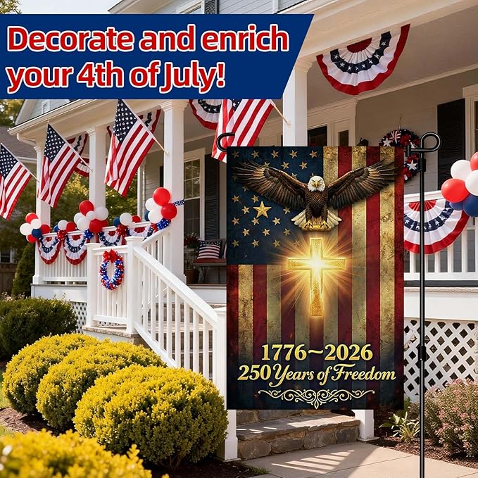 250 Anniversary USA Garden Flag, Double Sided Waterproof Patriotic Eagle Cross Flag 1776-2026, Christian Outdoor Yard Decor (12x18'')