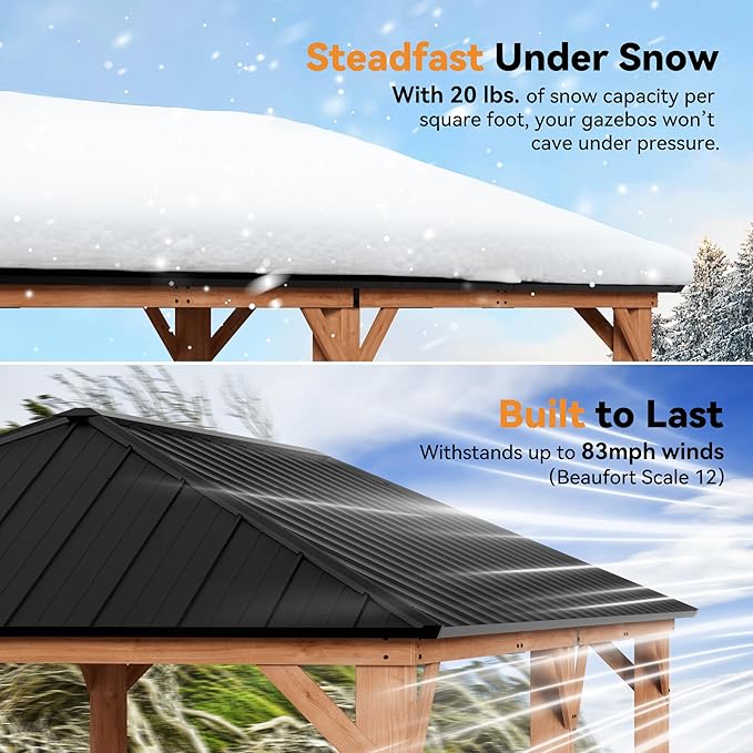 Modern Shade Tranquil Grove Wood Gazebo 12' x 24', Hardtop Gazebo Permanent with Galvanized Steel Roof, Cedar Outdoor Gazebo with Sturdy Hooks for Garden, Backyard, Patio and Deck