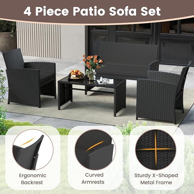HAPPYGRILL 4 Piece Rattan Wicker Patio Conversation Set, Outdoor Furniture with Chair Loveseat Table & Cushion, for Backyard Porch Balcony (1, Black & Black)