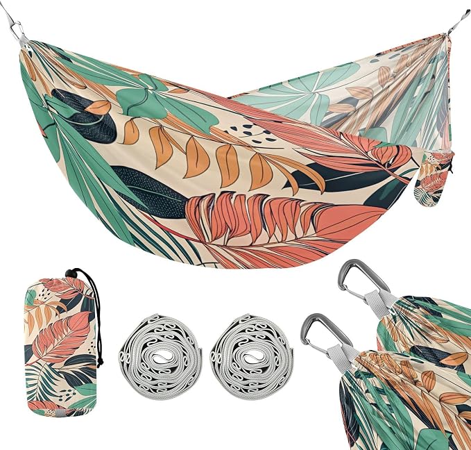Vintage Flower Leaves Camping Hammock, Portable Lightweight Single Hammock with Tree Straps and Aluminum Carabiners, 114" x 54" Travel Hammock for Hiking Backpacking Beach