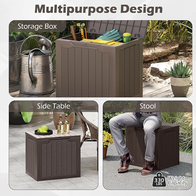Giantex 25 Gallon Outdoor Storage Box, Patio Deck Box with Lockable Lid, Wicker-woven Texture, Waterproof Storage Bench for Pool Accessories, Garden Tools, Package Delivery, Patio Furniture (Brown)