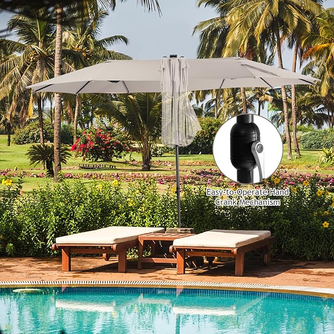 Giantex 15 FT Double Patio Umbrellas with 48 Solar LED Lights, Auto-Charging Panel, Crank System, Outdoor Extra-Large Rectangle Market Table Umbrella for Garden Deck Backyard Beach Pool