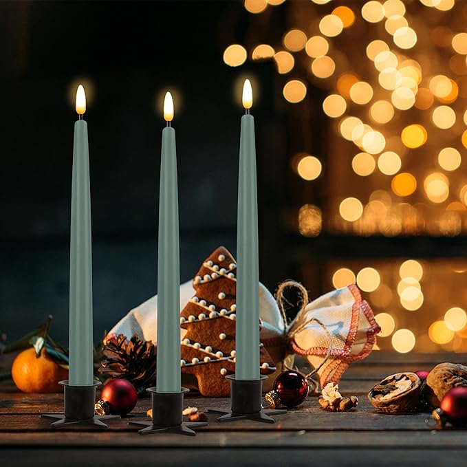 CVHOMEDECO. Flameless Taper Candles with 10-Key Remote, Battery Operated Led Flickering 3D Wick Window Candles Real Wax Finished Home Christmas Party Decor 0.78 x 11 Inch, Pack of 3, Grey Green