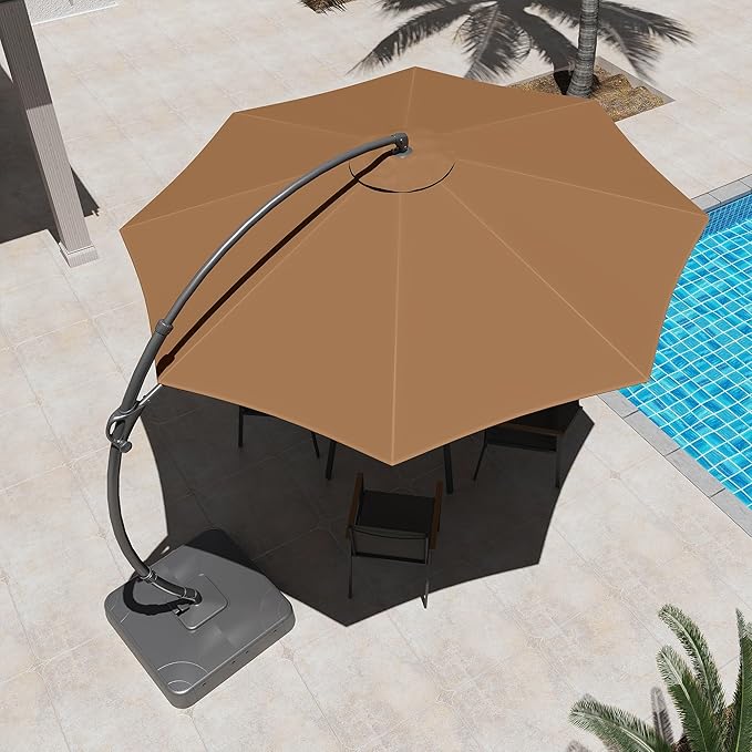 LAUSAINT HOME 12ft Patio Cantilever Umbrella with Base Included, Outdoor Curvy Round Offset Umbrella, Heavy Duty Aluminum, 360° Rotation for Pool, Deck, Lawn, Backyard (Tan)