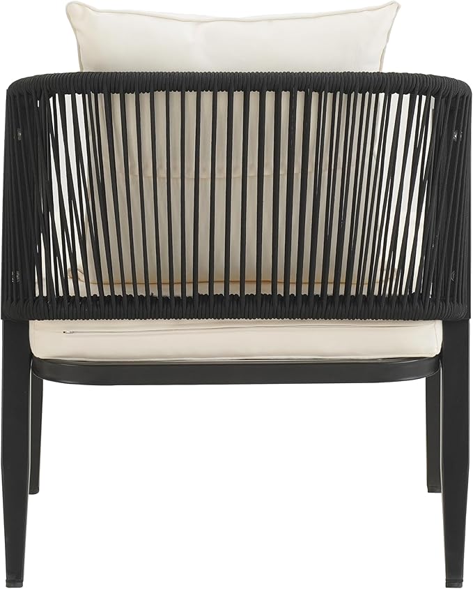GDFStudio Aoxwe 4 Piece Outdoor Conversation Set, Rope Woven Club Chairs, Woven Open Back Loveseat, Slats Panel Design Coffee Table, Iron Frame Sectional Conversation Set for Poolside, Beige