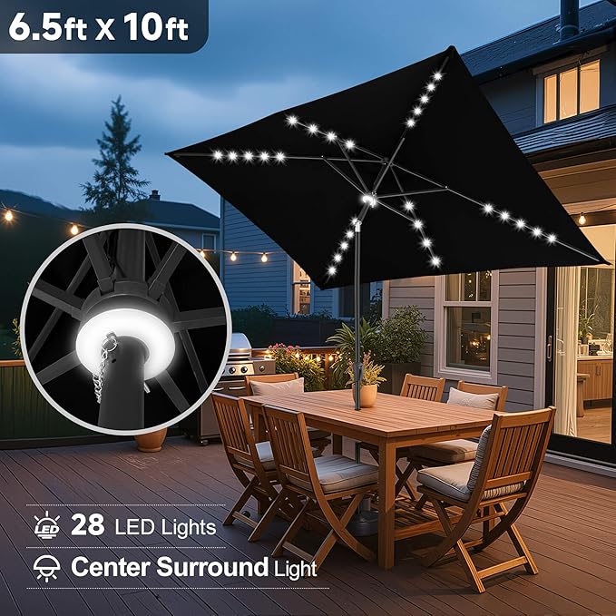 FLAME&SHADE 6.5 x 10 ft Rectangular Solar Powered Outdoor Market Patio Table Umbrella with LED Lights and Tilt, Black