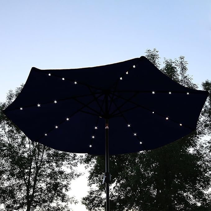 Sunnydaze 9 ft Outdoor Patio Umbrella with Solar Lights - Polyester LED Table Market Umbrella with Push-Button Tilt and Crank - Navy Blue
