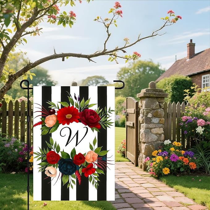 IVN Spring Floral Garden Flag With Mixed Flowers Letter W And Black And White Stripes Flower Circle Garden Flag Double Sided 12x18 Inch Vertical Farmhouse Yard Outdoor Decoration