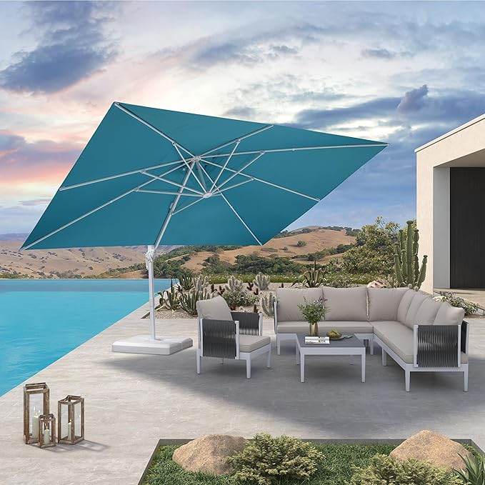 PURPLE LEAF 10' × 13' Patio Umbrella White Cantilever Umbrella Aluminum Square Outdoor Offset Umbrella Hanging Windproof with 360° Rotation for Garden Deck Pool, Turquoise