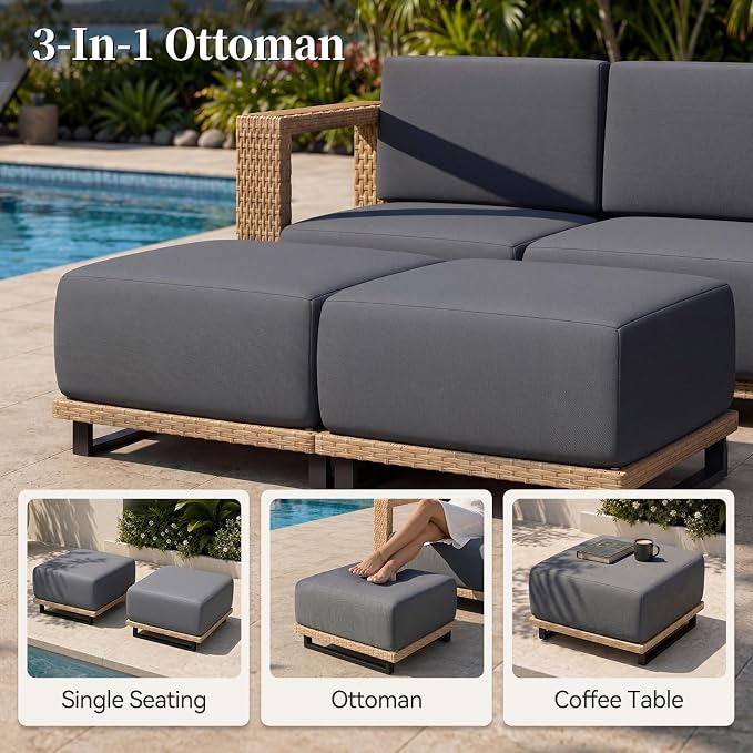 LazySunsets Patio Furniture Set, 8 Pieces Wicker Outdoor Sectional Sofa with 10'' Ultra-Thick Cushions & Ottomans, All-Weather Rattan Conversation Set for Backyard Poolside, Yellow/Dark Gray