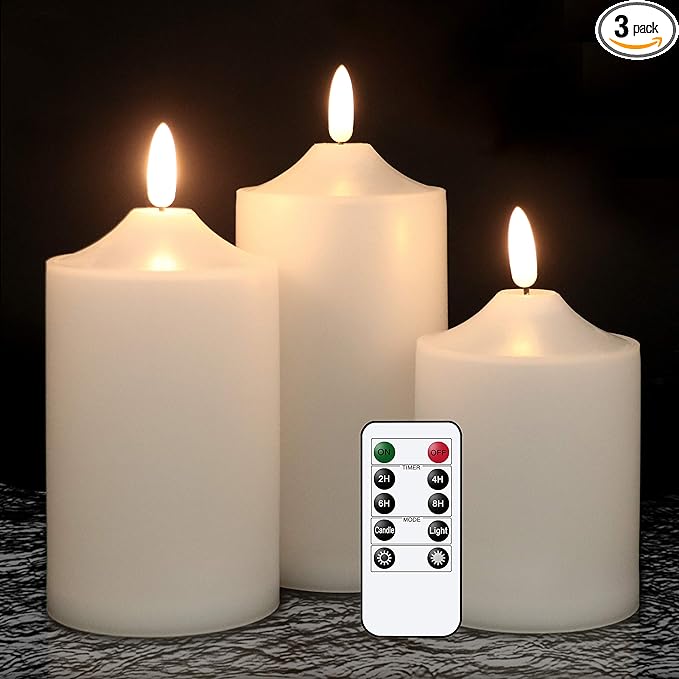 GenSwin Flickering Flameless Candles, Waterproof LED Candles with Remote and Timer,Battery Operated Pillar 3D Wick Candles for Indoor Outdoor Lanterns, Won’t melt, Long-Lasting(White, Set of 3)