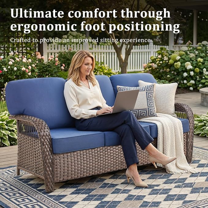 Patio Furniture Set, All Weather 3 PCS Wicker Outdoor Small Sectional Set, 5" Thick Rattan Conversation Set with 3-seat Sofa and Ottoman for Lawn, Garden, Blue/Brown Wicker