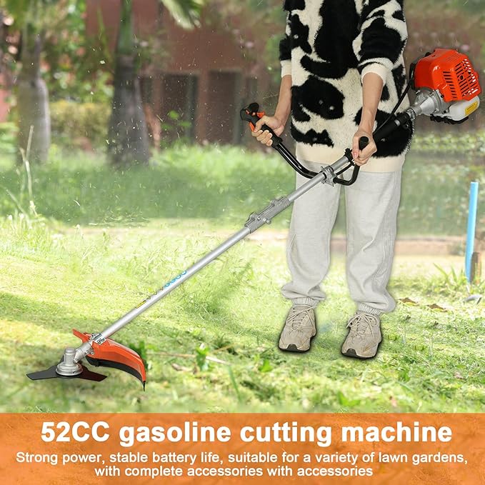 Lawn Mower, Gas String Trimmer, 52cc Weed Wacker Gas Powered, 2 in 1 Cordless Hedge Trimmer, 2-Stroke Brush Cutter, Handheld Weed Eater, Plastic Handle & Shoulder Strap Included (Orange)