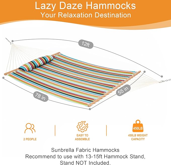 Lazy Daze Hammocks 12 FT Sunbrella Fabric Hammock not Fading with Spreader Bars and Free Pillow Fits for 2 Persons, All Weather and Fade Resistant for Patio Yard, 450 lbs Capacity, Carousel Confetti