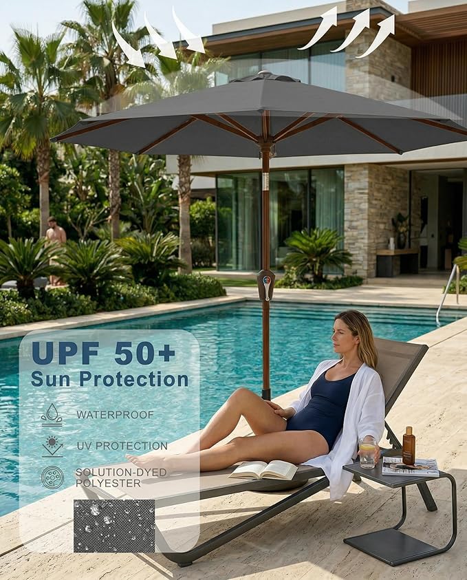 PatioKingdom 10FT Patio Umbrella with Push Button Tilt and Crank, Outdoor Market Umbrella with 8 Fiberglass Ribs, UV Protection Table Umbrella for Pool,Backyard,Garden,Deck