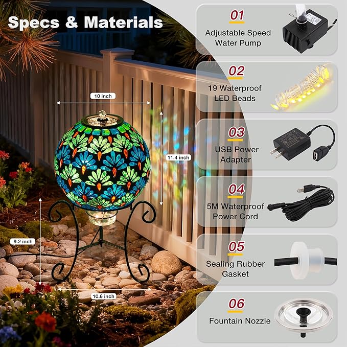 SAVENNA Mosaic Glass Fountain, Floor-Standing Lighted Water Feature with Quiet Pump, Indoor/Outdoor Decorative Accent Lighting for Garden & Patio, Fan-Inspired Multicolor Mosaic Sphere