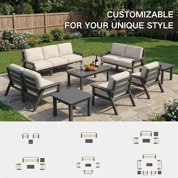 Kingdura HDPE Patio Furniture Set, 4 Piece Outdoor Sectional Sofa with Coffee Table, All Weather Outdoor Couch Conversation Set with Washable Cushions for Backyard Poolside Balcony