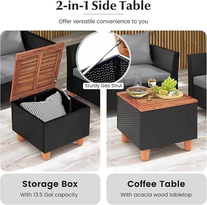 Tangkula 4 Piece Outdoor Conversation Set, Patio Cushioned Chairs w/Storage Coffee Table, Acacia Wood Tabletop & Chair Legs, Patio Wicker Furniture Set for Poolside, Lawn, Porch (1, Gray)