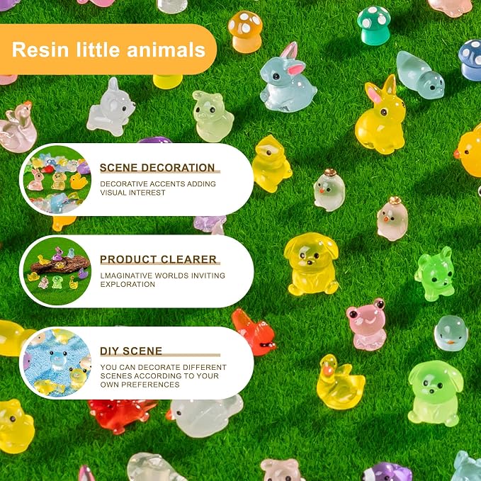 110 pcs Luminous Mini Resin Animals Many Styles Variety Tiny Animals Figures Miniature Little Small Animal Figurines Bulk for Micro Fairy Garden Landscape Accessories Hide Crafts Decor Aquarium