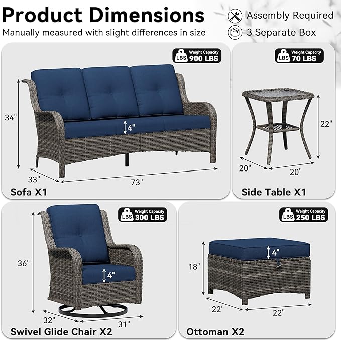 6 Piece Outdoor Wicker Patio Furniture Set, Outdoor Swivel Rocker Patio Chairs Set with Thickened Olefin Cushions, High Back and Deep Seating, Hand-Woven PE Rattan for Porch, Deck