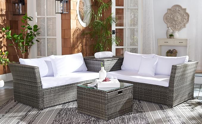 SAFAVIEH Outdoor Collection Helga Grey Brown/White Wicker Conversation Patio Set