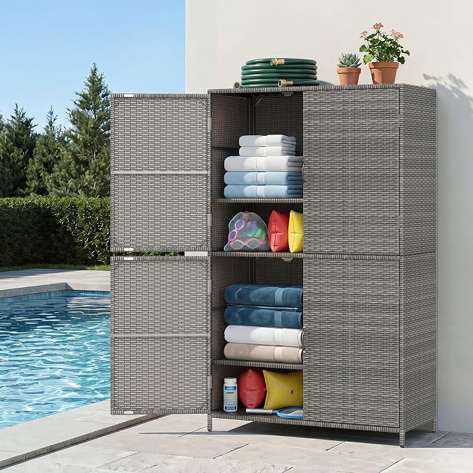 Tangkula Rattan Outdoor Storage Cabinet, Patiojoy Outdoor Cabinet with 2 Adjustable Shelves, 4 Doors, Patio Storage Deck Box Table for Patio Garden Poolside