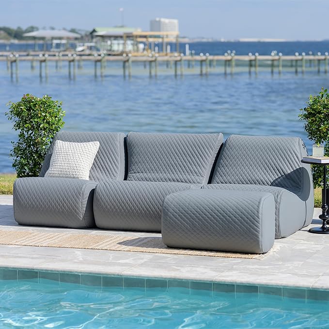 Big Joe Solvana Outdoor Sectional, 4 Piece Patio Furniture Set, Weather-Resistant Cool Touch Silicone Stitched Leather Sofa, Moonlit Gray