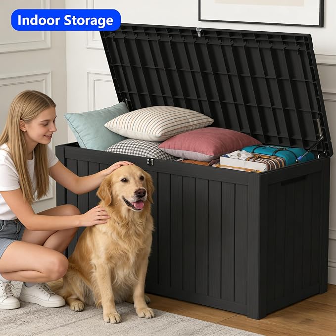 180 Gallon Outdoor Storage Box Resin Deck Box All Weather Waterproof Large Lockable Storage Container Deck Box for Patio Furniture, Garden Tools, Lockable, Black