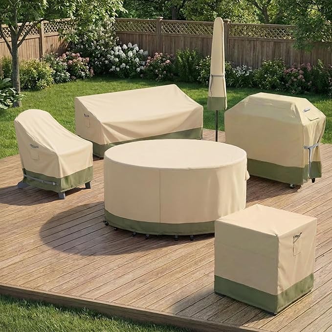 COWVIE Round Patio Dining Set Cover for Outdoor Table and Chairs, 600D Waterproof and UV-Resistant Fabric Patio Furniture Cover with Storage and Air Vent, 62''Dia x 32''H