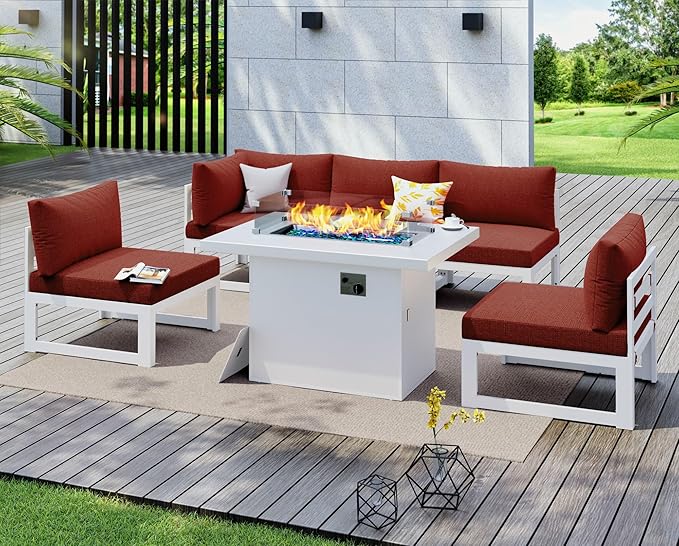 NICESOUL 5 People Large Luxury Aluminum Patio Conversation Set with Fire Pit Table Propane/Gas, 29" Deep Wide L Shaped Sectional Couch, 500 lbs Heavy Duty All Weather Outdoor Sofa for Backyard, Red