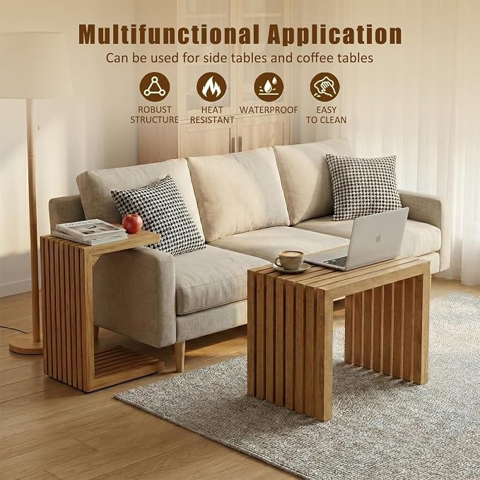OTSUN Teak Solid Wood C-Shape Sofa Side Table, Pure Simple Form Outdoor Side Table for Patio Sofa Armrest, No Assembly Minimalist Wooden End Table for Porch & Garden