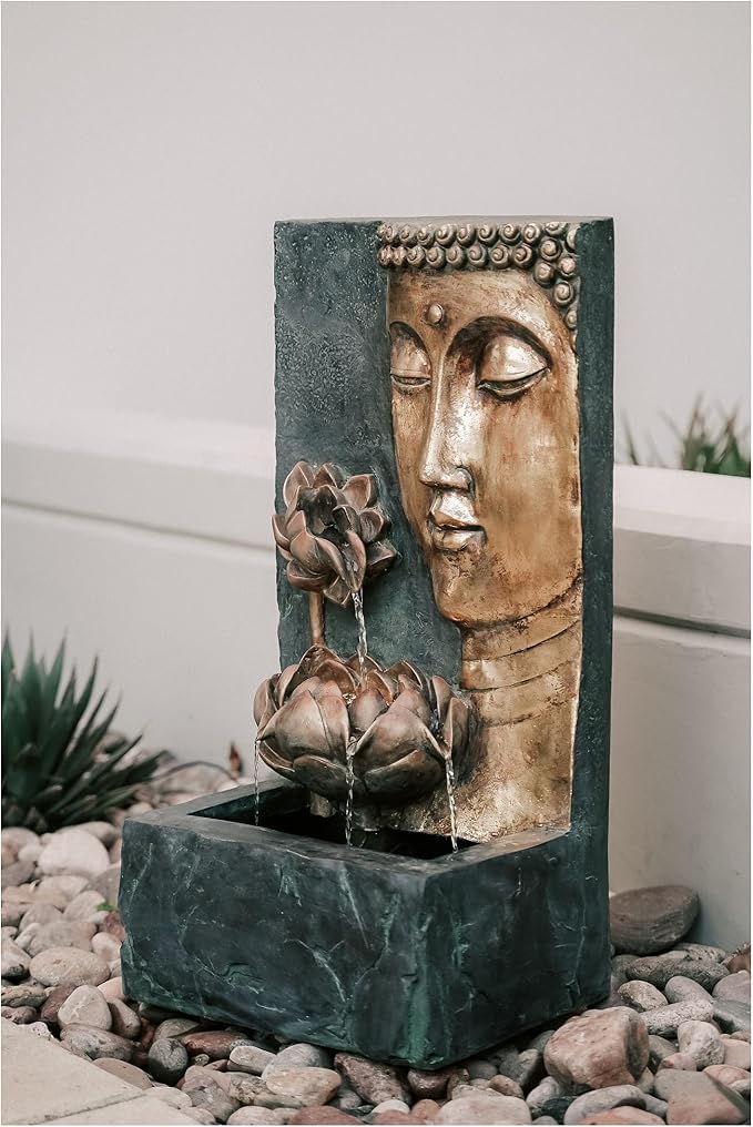 XBrand 30" H Zen Buddha Face Water Fountain w/LED Light & Pump, Indoor/Outdoor Freestanding, Relaxing Zen Décor, Bronze and Natural Grey Polyresin Fountain for Home Patio Garden Backyard