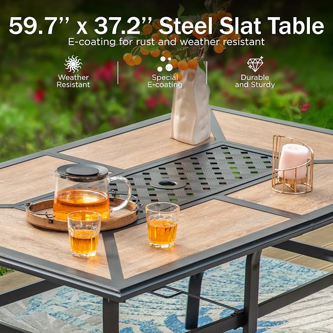 PHI VILLA Patio Dining Set, for 6 | E-Coated and Steel, Rectangle Table, Beige Cushion, 1.57in Umbrella Hole