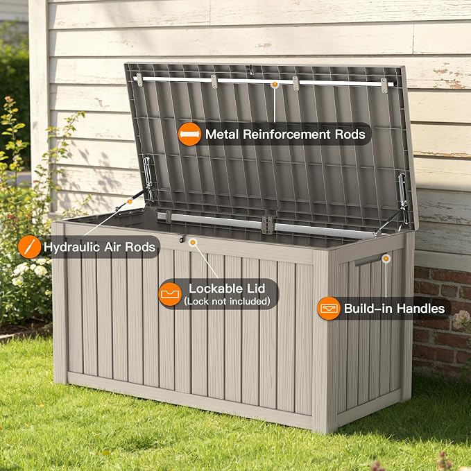 Mars Villa 150 Gallon Outdoor Storage Box, Resin Deck Box Waterproof for Patio Furniture Cushions, Pool Supplies, Gardening Tools, Weatherproof and UV Resistant, Grey