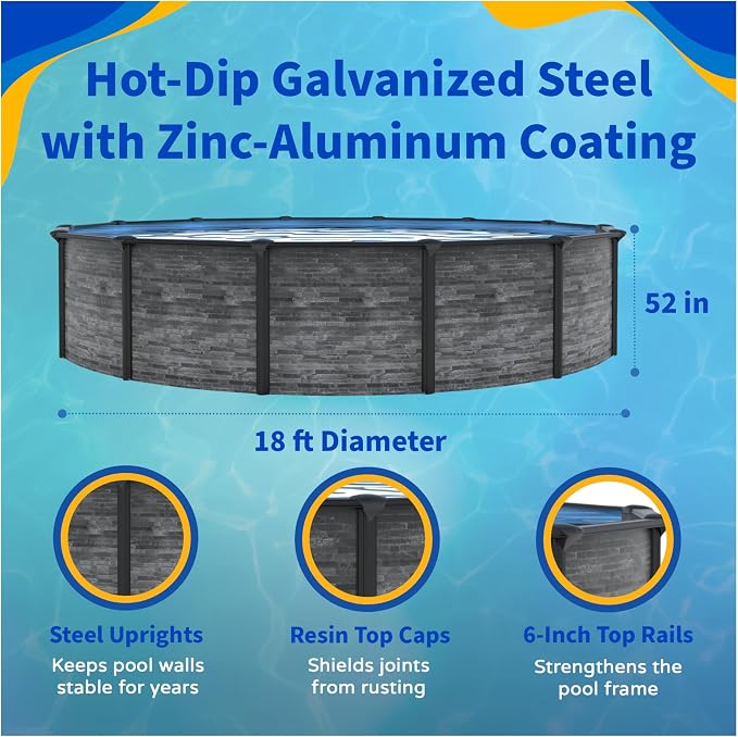 Blue Wave Marbella 18-ft Round 52-in Deep Above Ground Swimming Pool – with Steel Wall & Top Rails, Sand Filter, Overlap Liner, A-Frame Ladder & Maintenance Kit – Complete Outdoor Pool Accessories