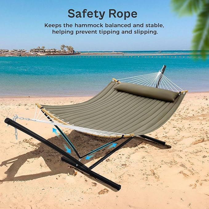 SUPERJARE Curved-Bar Hammock with Stand, 2 Person Heavy Duty Hammock Frame, Detachable Pillow & Portable Carrying Bag, Perfect for Outdoor & Indoor, Olive Gray