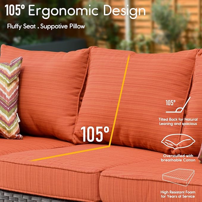 HOOOWOOO Wicker Patio Conversation Sets,8 Piece Outdoor Furniture Set with Swivel Rocking Chairs,All Weather Resistant Modern Outside Out Door Rattan Couch Chairs Side Table Set,Orange Red