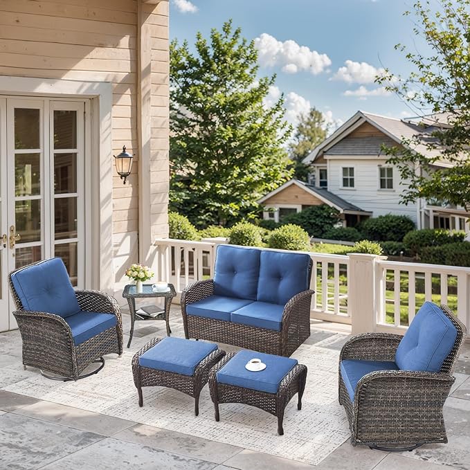 6 Pieces Patio Wicker Furniture Set-Outdoor Swivel Chairs Set of 2 Outdoor Glider Love seat with Outdoor Footstool Patio Furniture for Deck Porch Garden Balcony Poolside-Brown/Blue